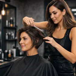 Woman receiving a professional short haircut at our ladies hair salon in La Cala Hills